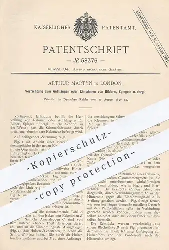 original Patent - Arthur Martyn , London , 1890 , Aufhängen o. Einrahmen der Bilder , Spiegel | Bilderrahmen !!