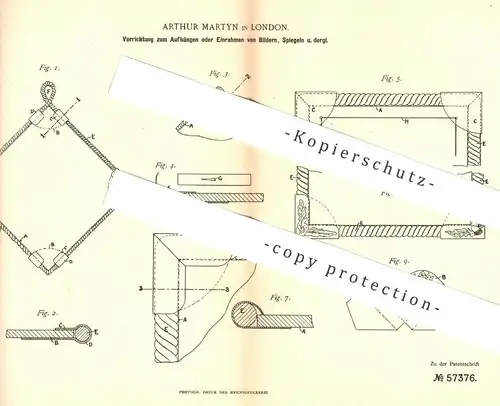 original Patent - Arthur Martyn , London , 1890 , Aufhängen o. Einrahmen der Bilder , Spiegel | Bilderrahmen !!