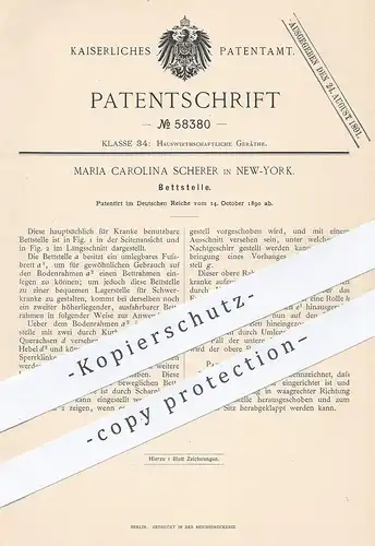 original Patent - Maria Carolina Scherer , New York , 1890 , Bett , Betten | Krankenbett , Krankenhaus | Lattenrost !!!