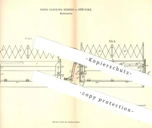 original Patent - Maria Carolina Scherer , New York , 1890 , Bett , Betten | Krankenbett , Krankenhaus | Lattenrost !!!
