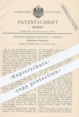 original Patent - Leonhard Frederick Harrold , London , England , 1890 , Umstellbare Pflugschar | Pfug , Pflügen !!!