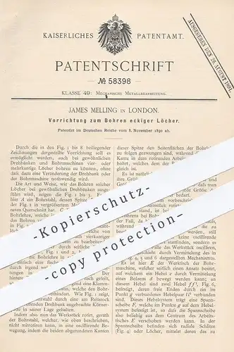 original Patent - James Melling , London , England , 1890 , Bohren eckiger Löcher | Bohrer , Bohrmaschine !!!