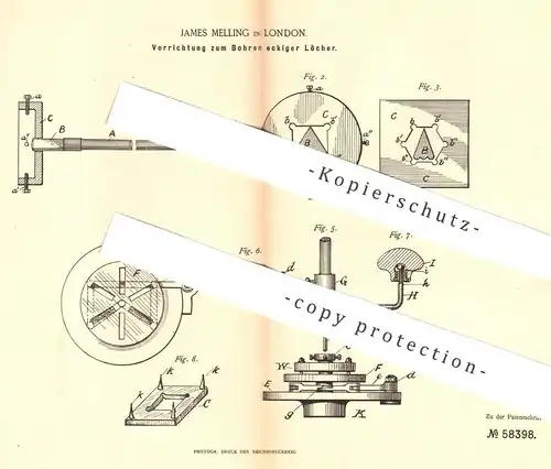 original Patent - James Melling , London , England , 1890 , Bohren eckiger Löcher | Bohrer , Bohrmaschine !!!