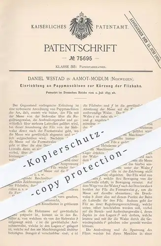 original Patent - Daniel Westad , Aamot - Modum , Norwegen , 1893 , Pappmaschine | Karton , Papier , Pappe , Walze !!!