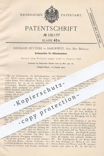 original Patent - Hermann Büttner , Saborwitz / Breslau , 1901 , Drillmaschine für Rübenkammbau | Drillen | Landwirt !