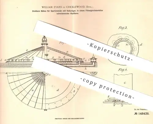 original Patent - William Evans , Cricklewood , England , 1902 , Bühne für Sport mit schwimmender Plattform | Bühnen