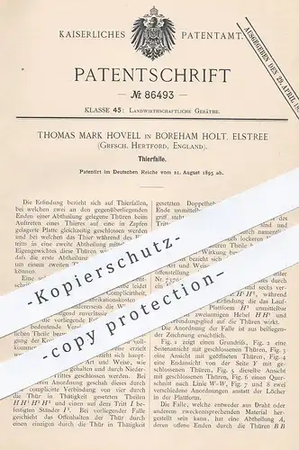 original Patent - Thomas Mark Hovell , Boreham Holt , Elstree , Hertford , 1895 , Tierfalle | Falle für Tiere | Jäger !!