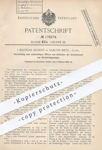 original Patent - J. Mathias Hubert , Sablon - Metz / Lothringen , 1905 , Öffnen u. Schließen der Ladewand von Kippwagen