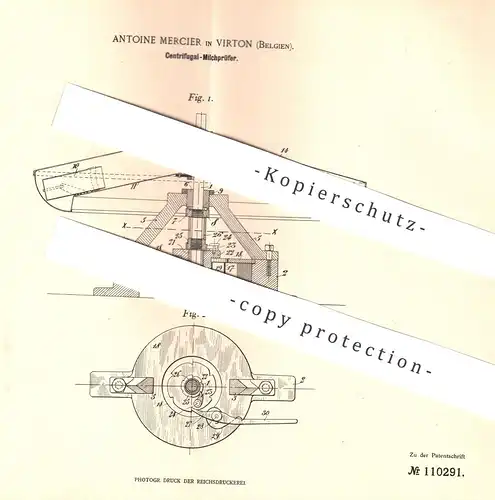 original Patent - Antoine Mercier , Virton , Belgien , 1898 , Zentrifugal - Milchprüfer | Milch | Molkerei | Butter !!!