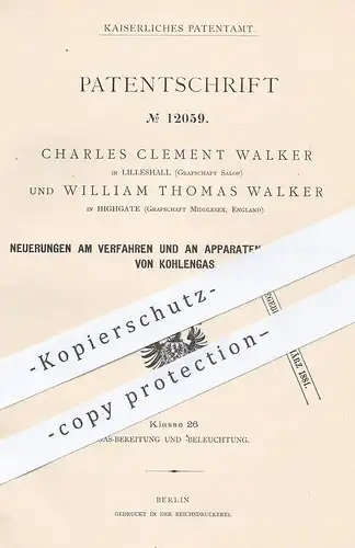 original Patent - Charles Clement Walker , Lilleshall | William Thomas Walker , Highgate | 1880 | Reinigung v. Kohlengas