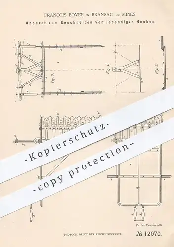 original Patent - François Boyer , Bransac les Mines , 1880 , Schneiden von Hecke | Heckenschere , Gärtner , Messer !!!