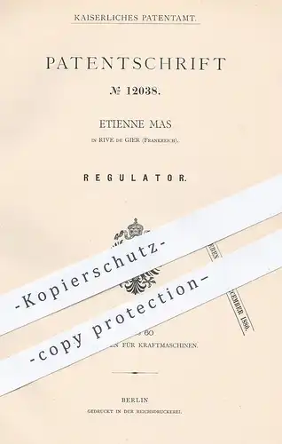original Patent - Etienne Mas , Rive de Gier , Frankreich , 1880 , Regulator für Motor | Motoren , Gasmotor , Oldtimer