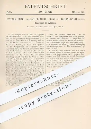original Patent - Hendrik & Jan Frederik Beins , Groningen , Holland , 1880 , Syphon | Sifon | Abwasser , Wasserhahn !