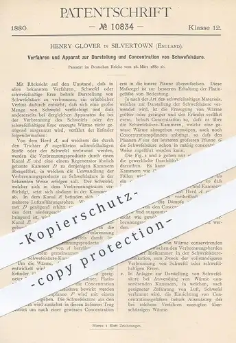 original Patent - Henry Glover , Silvertown , England , 1880 , Darst. & Konzentration von Schwefelsäure | Säure , Chemie