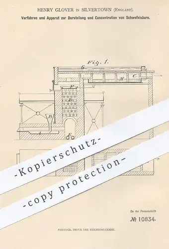 original Patent - Henry Glover , Silvertown , England , 1880 , Darst. & Konzentration von Schwefelsäure | Säure , Chemie