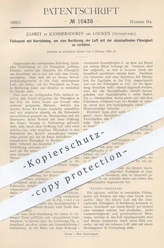 original Patent - Zameit , Kämmersdorff / Locken , Ostpreussen 1880 , Fassspund | Fass , Bier , Wein , Bierfass , Fässer