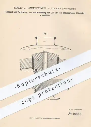 original Patent - Zameit , Kämmersdorff / Locken , Ostpreussen 1880 , Fassspund | Fass , Bier , Wein , Bierfass , Fässer