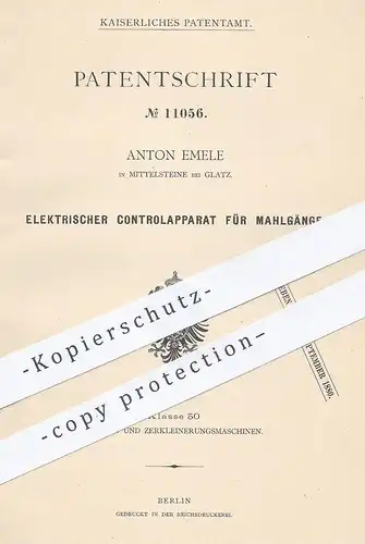 original Patent - Anton Emele , Mittelsteine / Glatz , 1879 , Elektr. Kontrolle für Mahlgänge | Mühle , Mühlen , Mehl !!