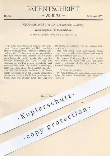 original Patent - Charles Huet , La Chaussée , Marne , 1879 , Verbindungsknie für Schaufelstiel | Schaufel - Stiel !!!