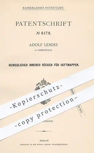 original Patent - Adolf Lemme , Greifswald , Mecklenburg , 1879 , Buch - Rücken | Ordner , Mappe | Buchbinder , Bücherei