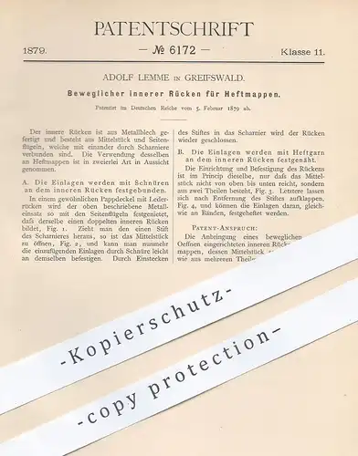 original Patent - Adolf Lemme , Greifswald , Mecklenburg , 1879 , Buch - Rücken | Ordner , Mappe | Buchbinder , Bücherei