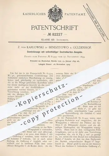 original Patent - Z. von Karlowski , Bendzitowo / Güldenhof , 1895 , Kontrollwaage mit Karten-Ausgabe | Waage , Waagen !