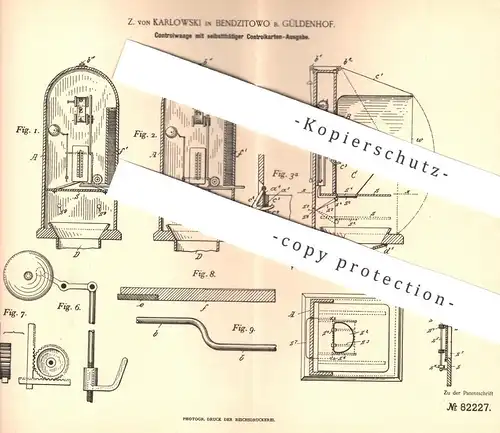 original Patent - Z. von Karlowski , Bendzitowo / Güldenhof , 1895 , Kontrollwaage mit Karten-Ausgabe | Waage , Waagen !