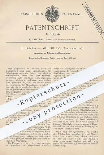 original Patent - L. Janka , Moedritz , Österreich , 1886 , Rübenschneidemaschine | Rüben - Schneidemaschine | Zucker !!