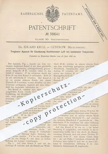 original Patent - Dr. Eduard Krull , Güstrow , Mecklenburg , 1886 , Apparat für Einatmung feuchtwarmer Luft | Medizin !