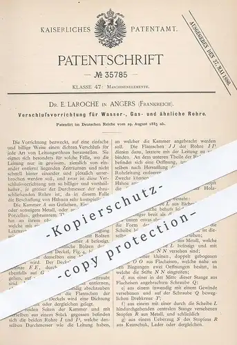 original Patent - Dr. E. Laroche , Angers , Frankreich , 1885 , Verschluss für Wasserrohr , Gasrohr u.ä. Rohre | Gaswerk