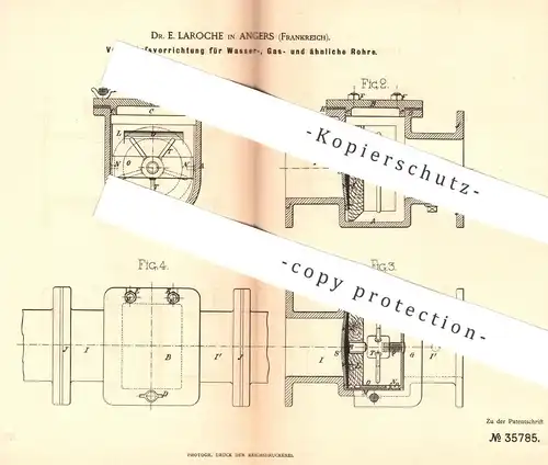 original Patent - Dr. E. Laroche , Angers , Frankreich , 1885 , Verschluss für Wasserrohr , Gasrohr u.ä. Rohre | Gaswerk