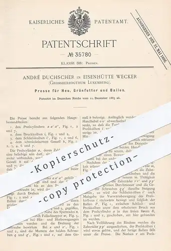original Patent - André Duchschner , Eisenhütte Wecker , Luxemburg , 1885 , Presse für Heu , Grünfutter , Stroh , Ballen