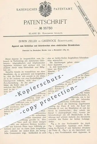 original Patent - Erwin Zeller , Greenock , Schottland , 1885 , Schließen u. Unterbrechen von elektr. Stromkreis | Strom