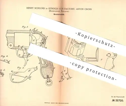 original Patent - Henry Schlund , Kynoch Gun Factory , Aston Cross , Birmingham England 1885 , Revolver Schloss | Pistol