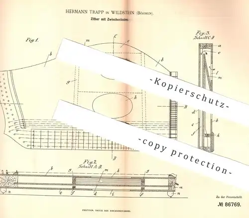 original Patent - Hermann Trapp , Wildstein / Böhmen , 1895 , Zitter mit Zwischenboden | Musik , Musikinstrument !!!