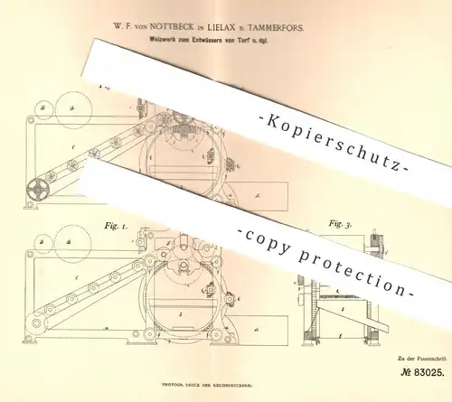 original Patent - W. F. von Nottbeck , Lielax / Tammerfors  1895 , Walzwerk zum Entwässern von Torf | Walze , Brennstoff