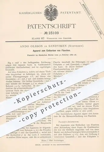 original Patent - Ando Olsson , Sandviken , Schweden , 1882 , Entkorken von Flaschen | Flasche , Kork , Korken !!