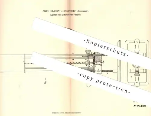 original Patent - Ando Olsson , Sandviken , Schweden , 1882 , Entkorken von Flaschen | Flasche , Kork , Korken !!