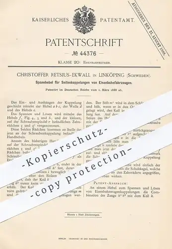 original Patent - Christoffer Retsius Ekwall , Linköping , Schweden , 1888 , Spannhebel für Eisenbahn - Kupplung | Bahn