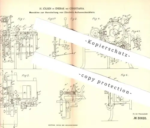 original Patent - H. Jölsen , Enebak / Christiania , 1884 , Herst. von Zündholz - Schachteln | Streichholz - Schachtel