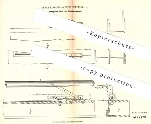 original Patent - Louis Lindner , Wechselburg , 1883 , Türgriff für Eisenbahnwagen | Eisenbahn - Wagon | Straßenbahn