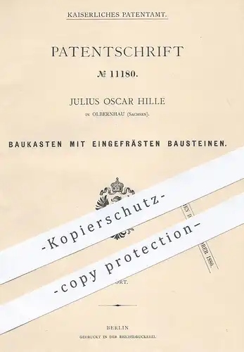 original Patent - Julius Oscar Hille , Olbernhau , Sachsen , 1880 , Baukasten , Bausteine | Hakenkreuz | Lego | Bauwerk