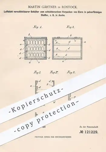 original Patent - Martin Gärtner , Rostock , Mecklenburg , 1900 , Luftdicht verschließbarer Frischebehälter für Eier !!