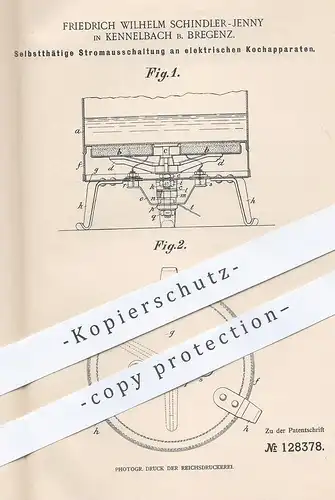 original Patent - Friedrich Wilhelm Schindler Jenny , Kennelbach / Bregenz , 1901 , Stromausschaltung am Herd | Elektrik