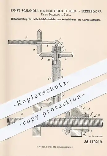 original Patent - Ernst Schander , Berthold Fluder , Eckersdorf / Neurode , Schlesien , 1899 , Leitspindel - Drehbank !!