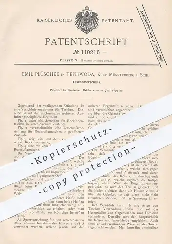 original Patent - Emil Plüschke , Tepliwoda , Münsterberg , Schlesien , 1899 , Taschenverschluss | Tasche , Taschen !!