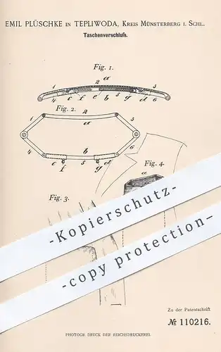 original Patent - Emil Plüschke , Tepliwoda , Münsterberg , Schlesien , 1899 , Taschenverschluss | Tasche , Taschen !!