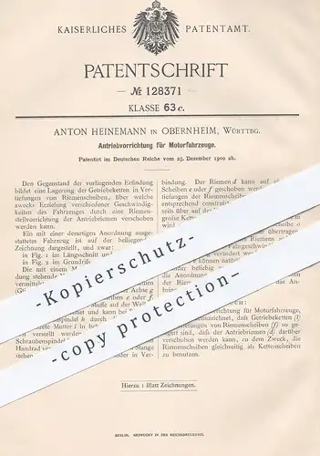 original Patent - Anton Heinemann , Obernheim / Württemberg , 1900 , Antrieb für Motorfahrzeuge | Oldtimer , Automobile