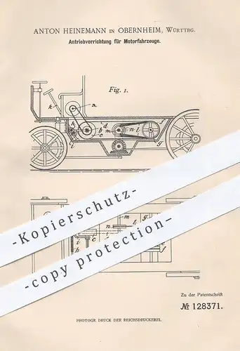 original Patent - Anton Heinemann , Obernheim / Württemberg , 1900 , Antrieb für Motorfahrzeuge | Oldtimer , Automobile