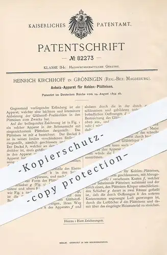 original Patent - Heinrich Kirchhoff , Gröningen / Magdeburg , 1894 , Anheizen von Kohle - Plätteisen | Bügeleisen !!!